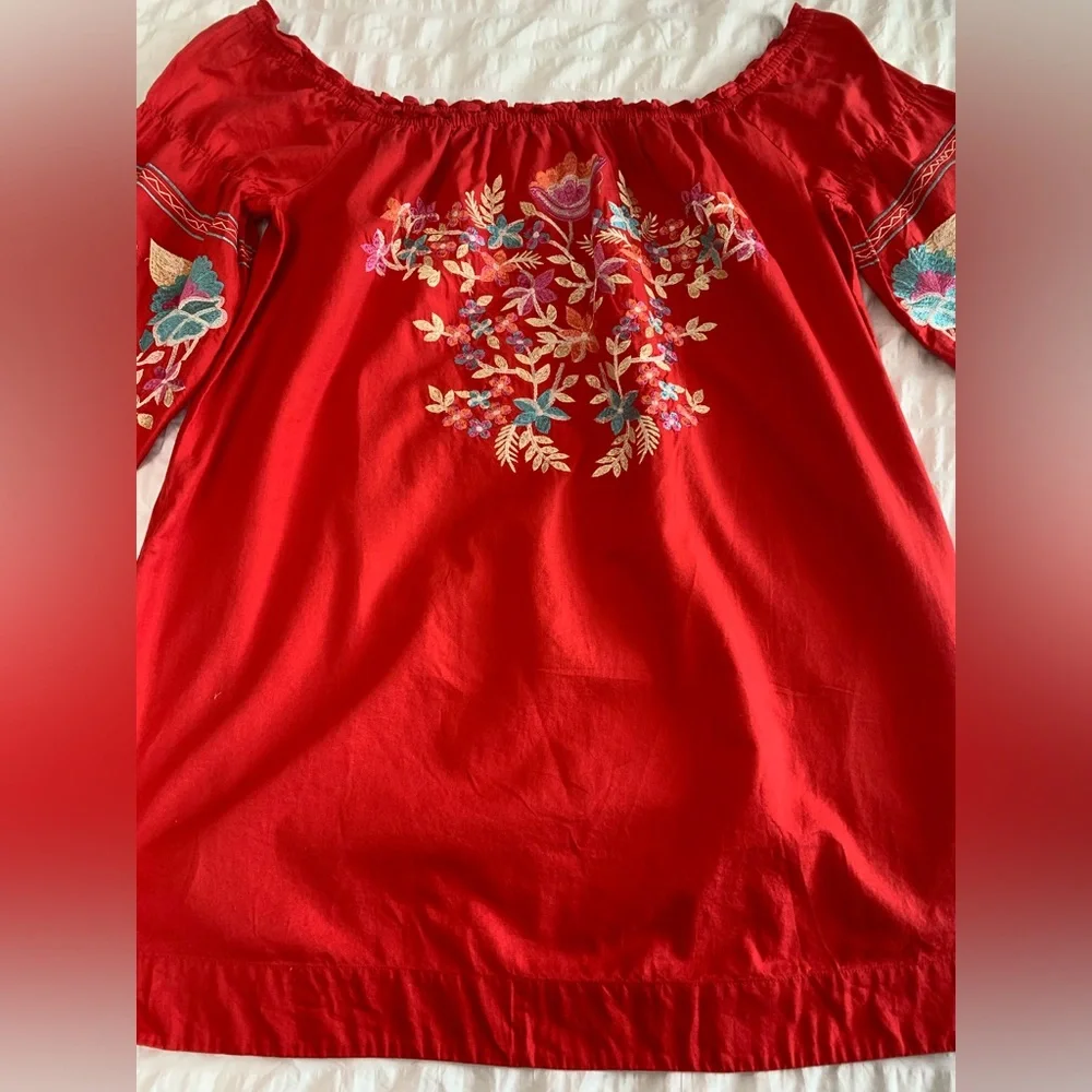 Free People Embroidered Off-Shoulder Red Peasant Tunic/Dress